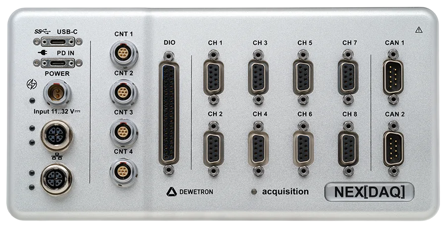 Front panel DEWETRON NEX[DAQ] dengan delapan analog inputs, counter, digital I/O, CAN, USB-C, dan Ethernet