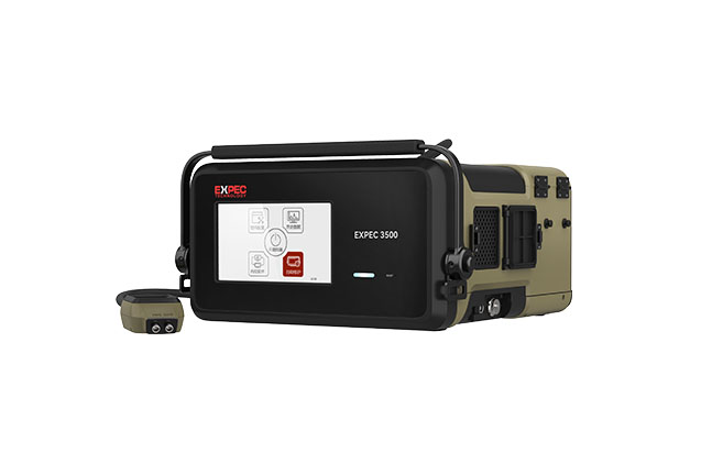 FPI EXPEC 3500S portable GC-MS dengan touchscreen, sampling connection, battery, dan tabung helium internal
