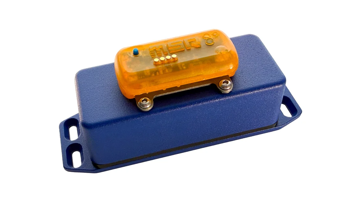 MSR175Pro heavy-load transport shock data logger dengan housing biru dan cover transparan amber