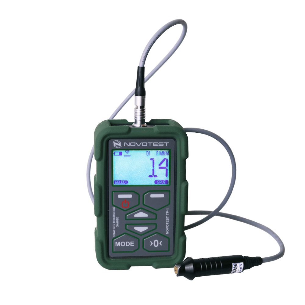 Tampak depan NOVOTEST TP-2020 coating thickness gauge dengan probe eksternal