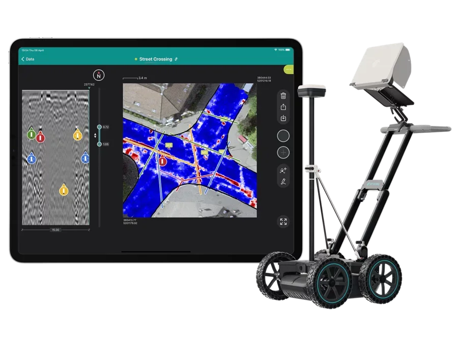 Proceq GS8000 subsurface mapping GPR dengan cart, GNSS, dan tampilan peta pada tablet