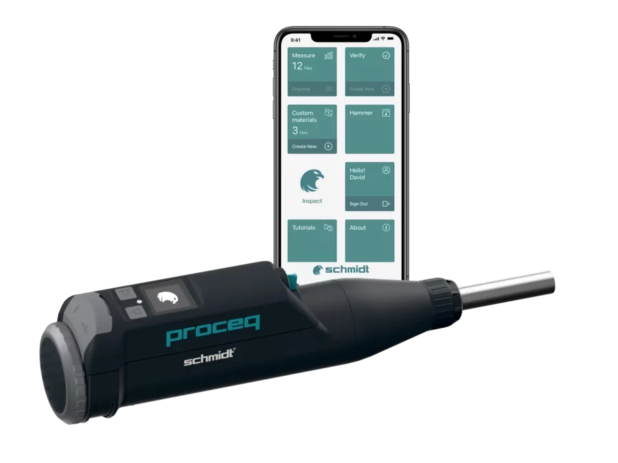 Proceq Original Schmidt OS8000 digital rebound hammer dengan Schmidt App pada smartphone
