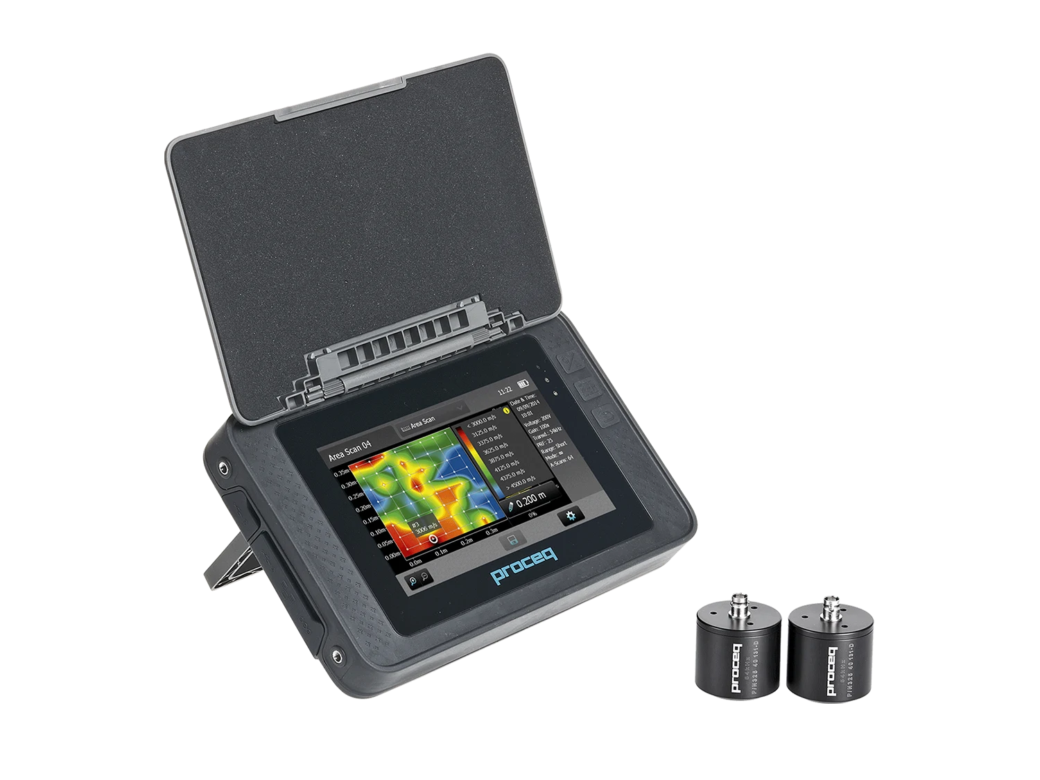 Proceq Pundit 200 dengan touchscreen dan sepasang transducer ultrasonic pulse velocity