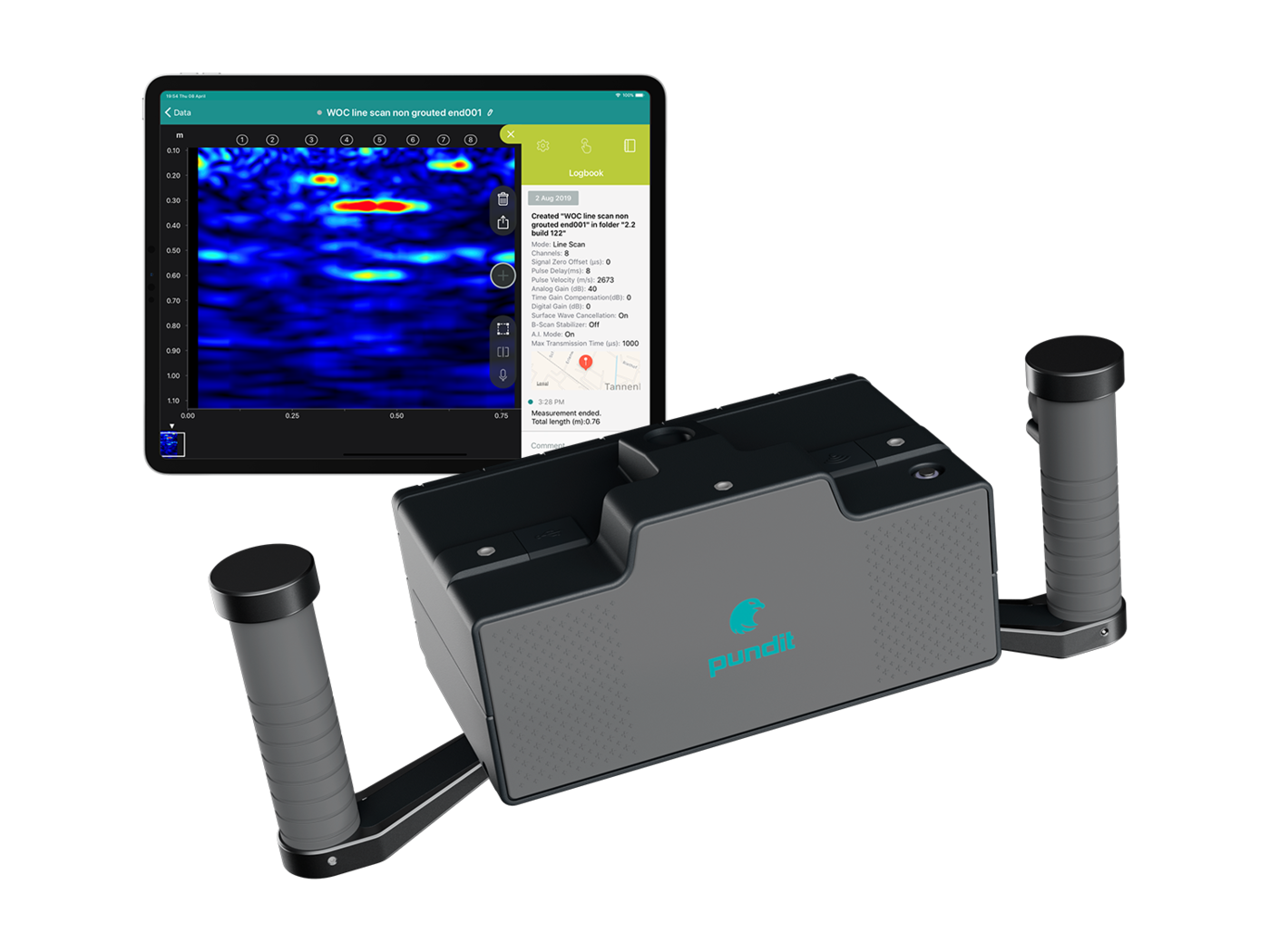Proceq Pundit PD8050 ultrasonic pulse echo tester dengan dua handle dan Pundit Array app pada iPad