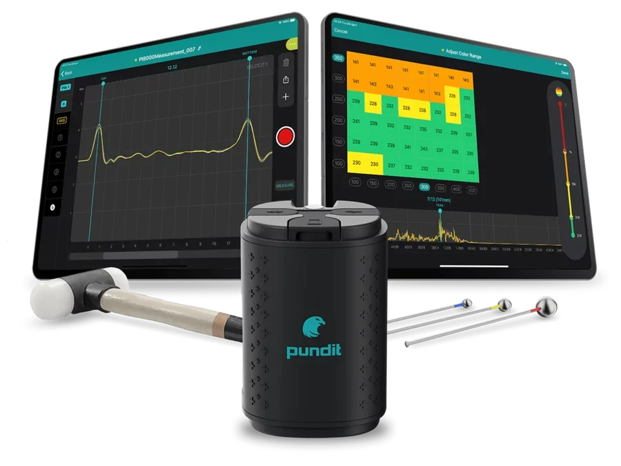 Proceq Pundit PI8000 dengan wireless sensor, hammer, impactor, dan Pundit Impact App pada iPad