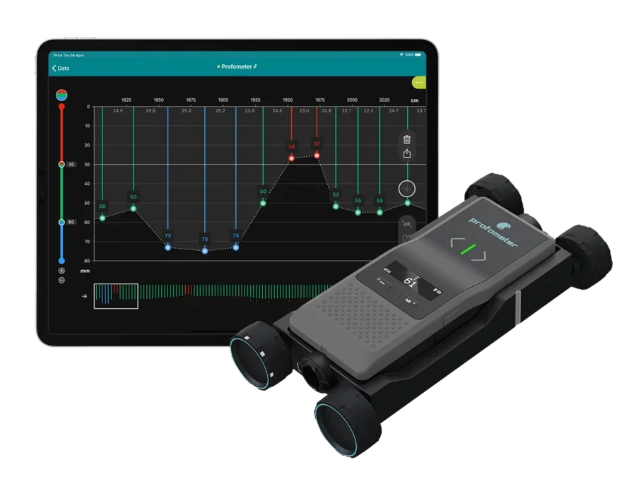 Proceq Profometer PM8000 dengan wheeled cart dan Profometer App pada iPad