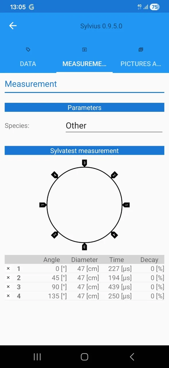Layar Sylvius menampilkan tabel pengukuran radial standing tree