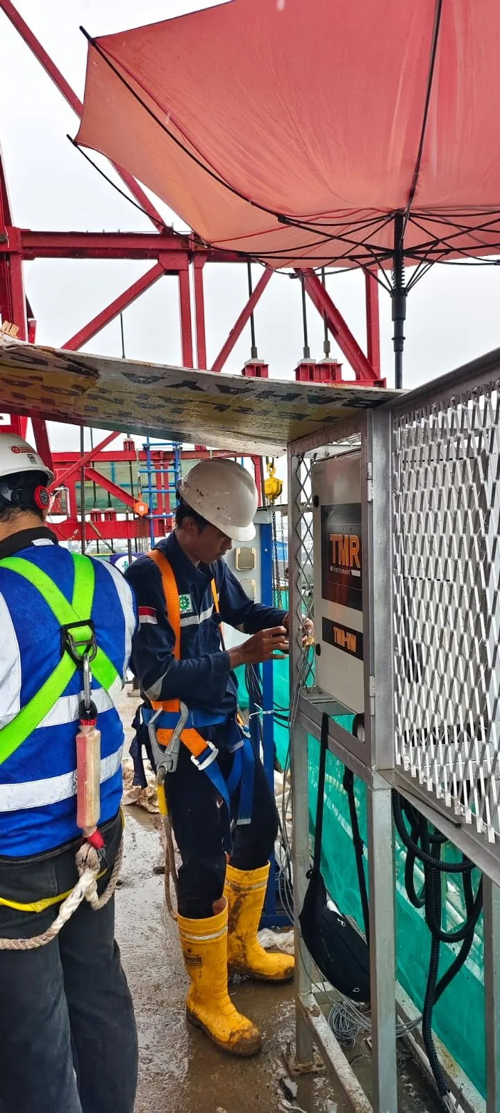 Tim Testindo bekerja pada perangkat sistem SHMS di Tol Kataraja–Sedyatmo.