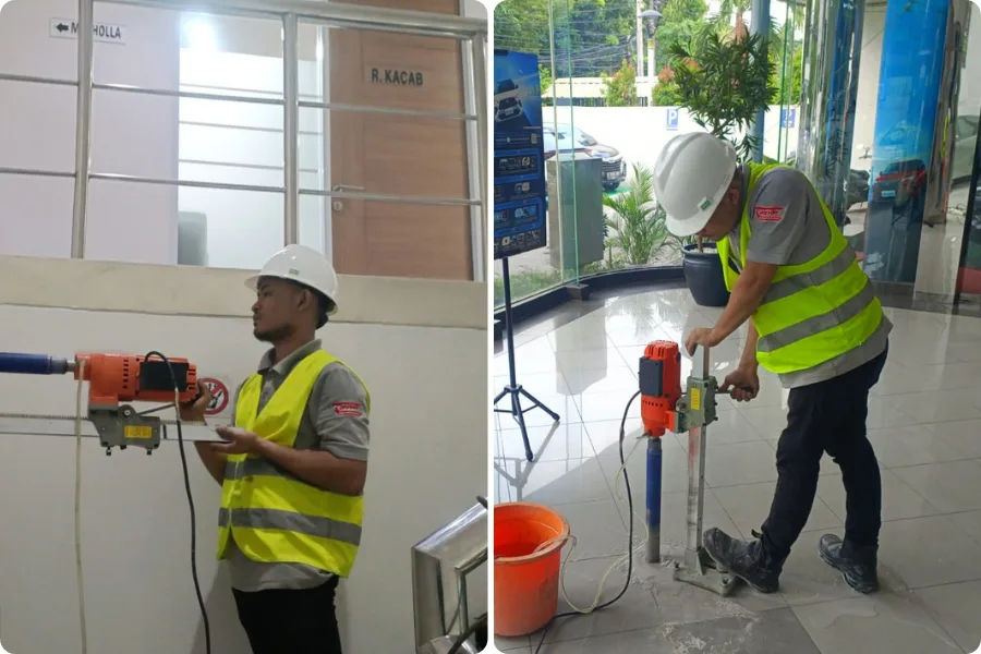 Core Drill dilakukan pada elemen terpilih untuk memperoleh sampel beton.