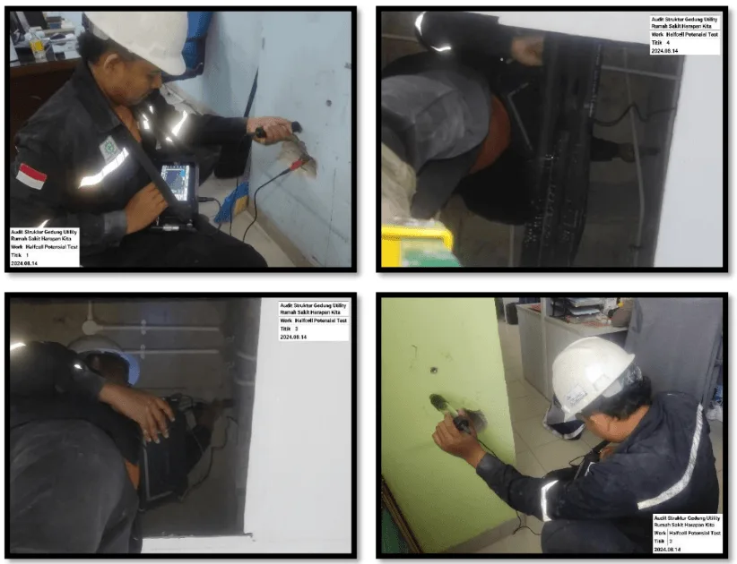 Half-cell potential measurement pada area beton yang ditetapkan dalam rencana pemeriksaan.
