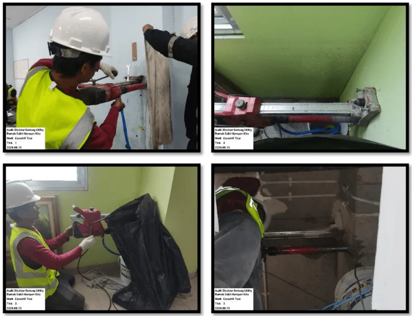 Pengambilan core beton pada titik terpilih untuk kebutuhan pengujian material.
