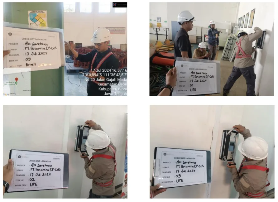 Petugas memeriksa area dinding yang retak saat assessment struktur warehouse di Cepu