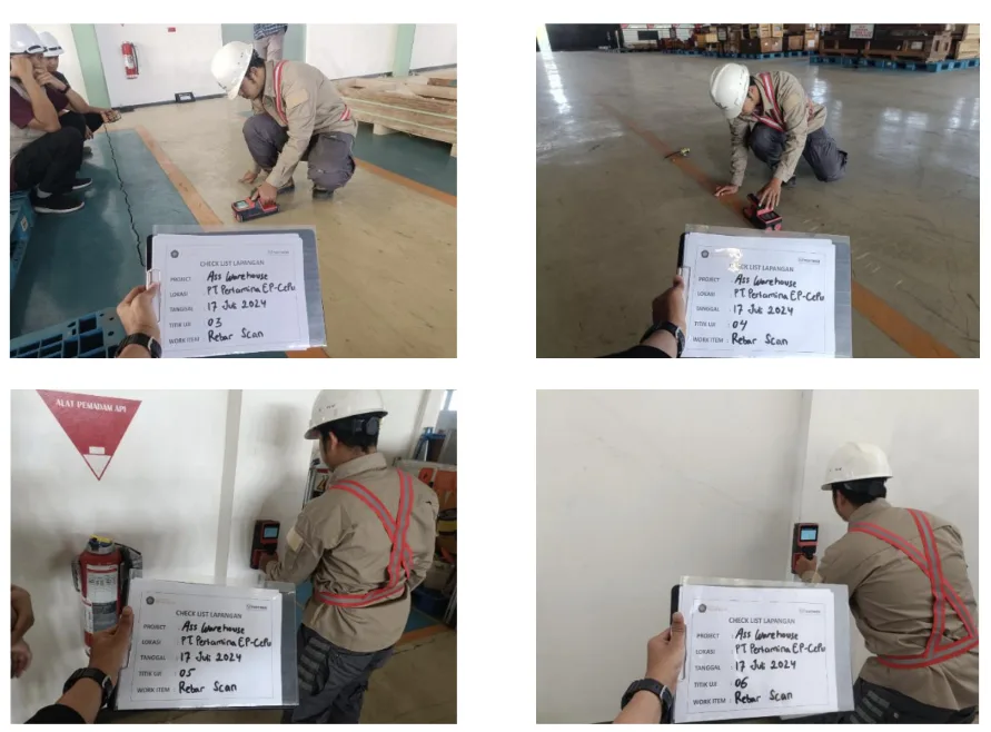 Dokumentasi kondisi elemen dan pelat lantai sebagai bagian dari pemetaan indikasi.