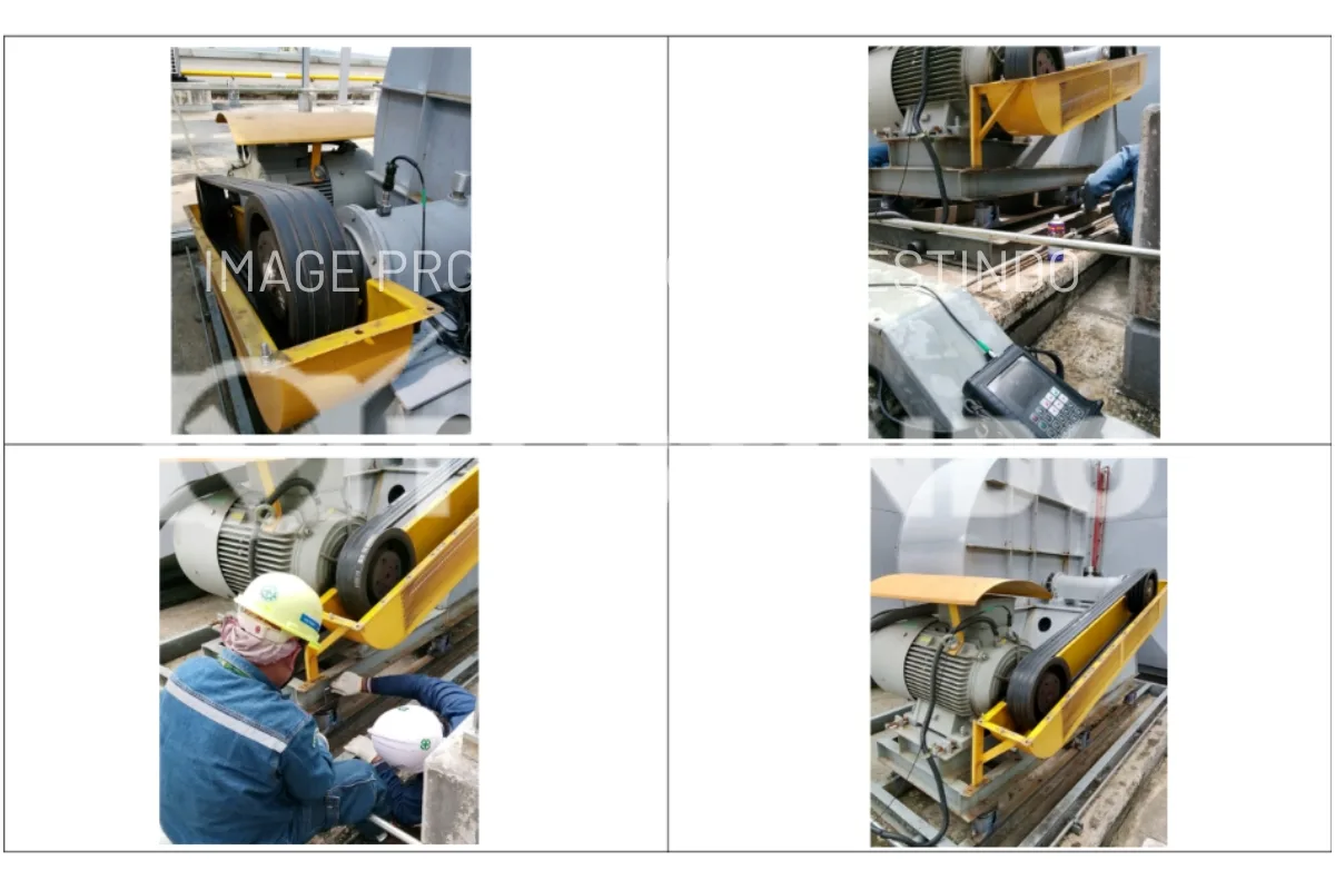 Verifikasi pulley alignment dilakukan pada unit fan setelah adjustment.