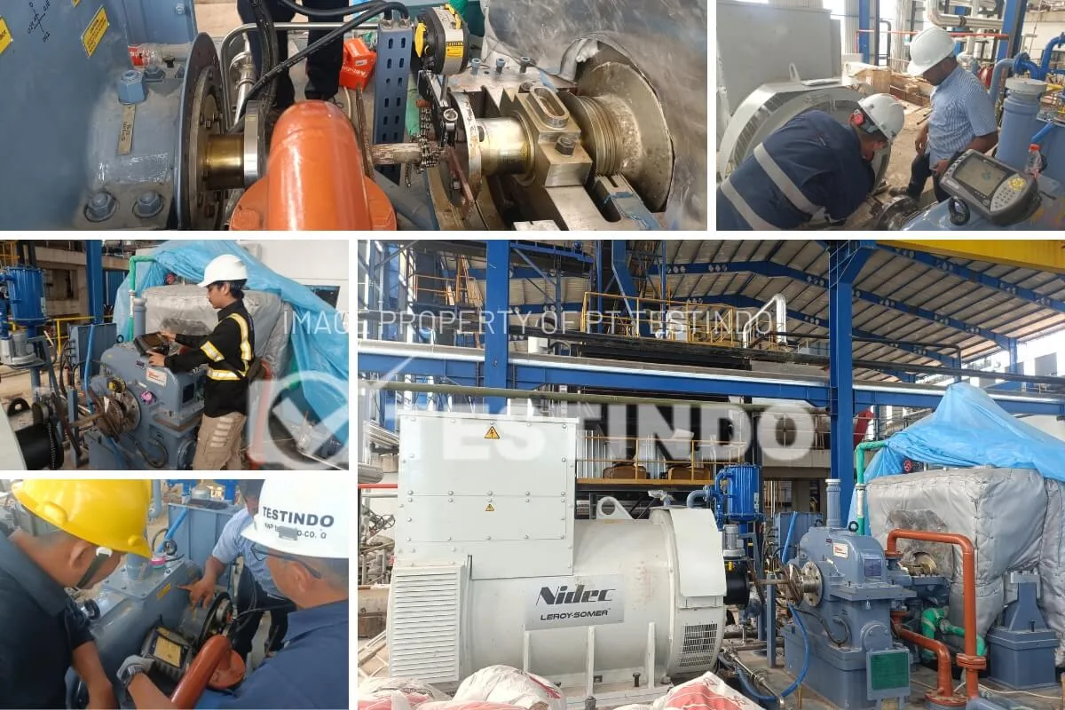 Setup shaft alignment pada rangkaian turbine, gearbox, dan alternator di fasilitas Pacific Bio Industry.