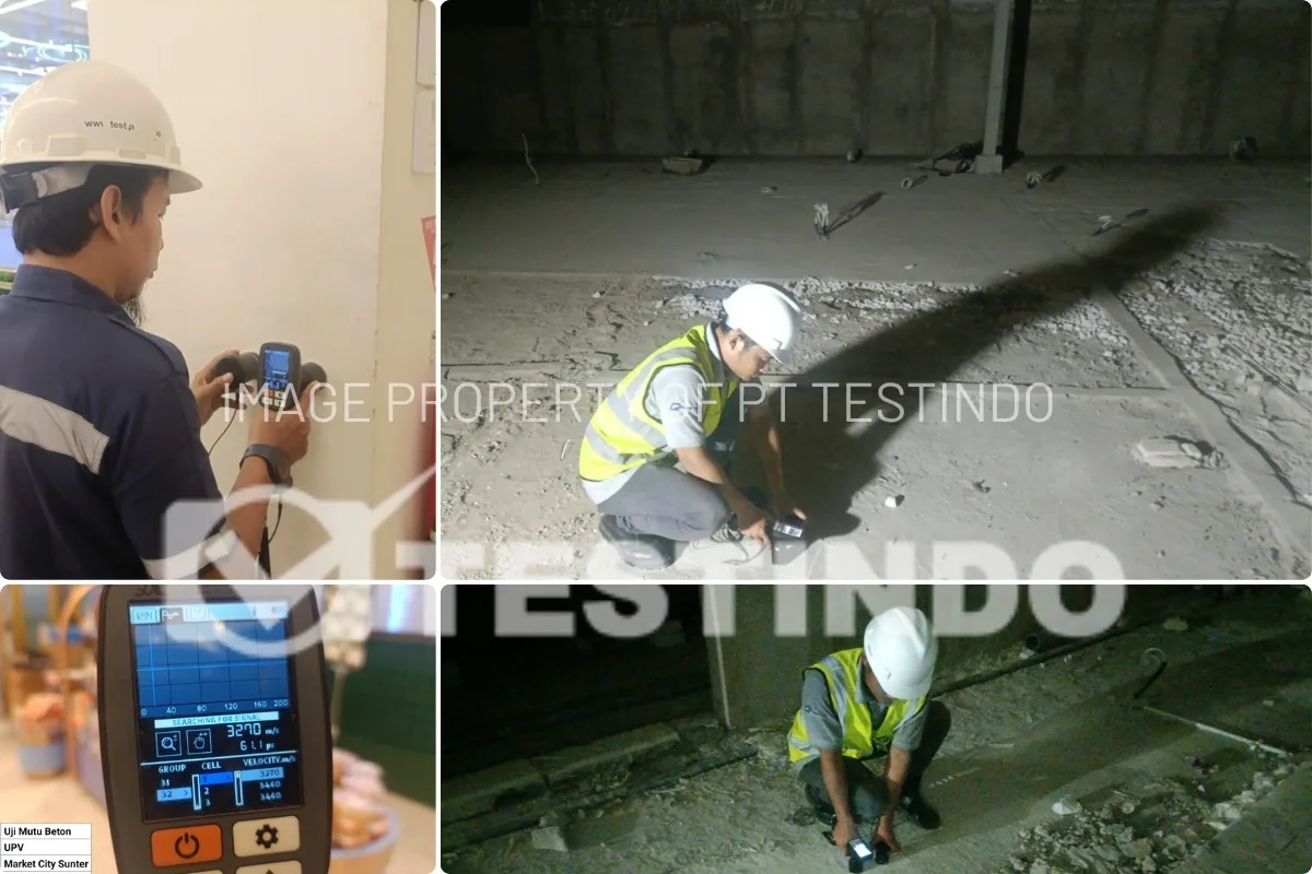 Pengujian UPV untuk merekam pulse velocity pada titik beton yang ditentukan.