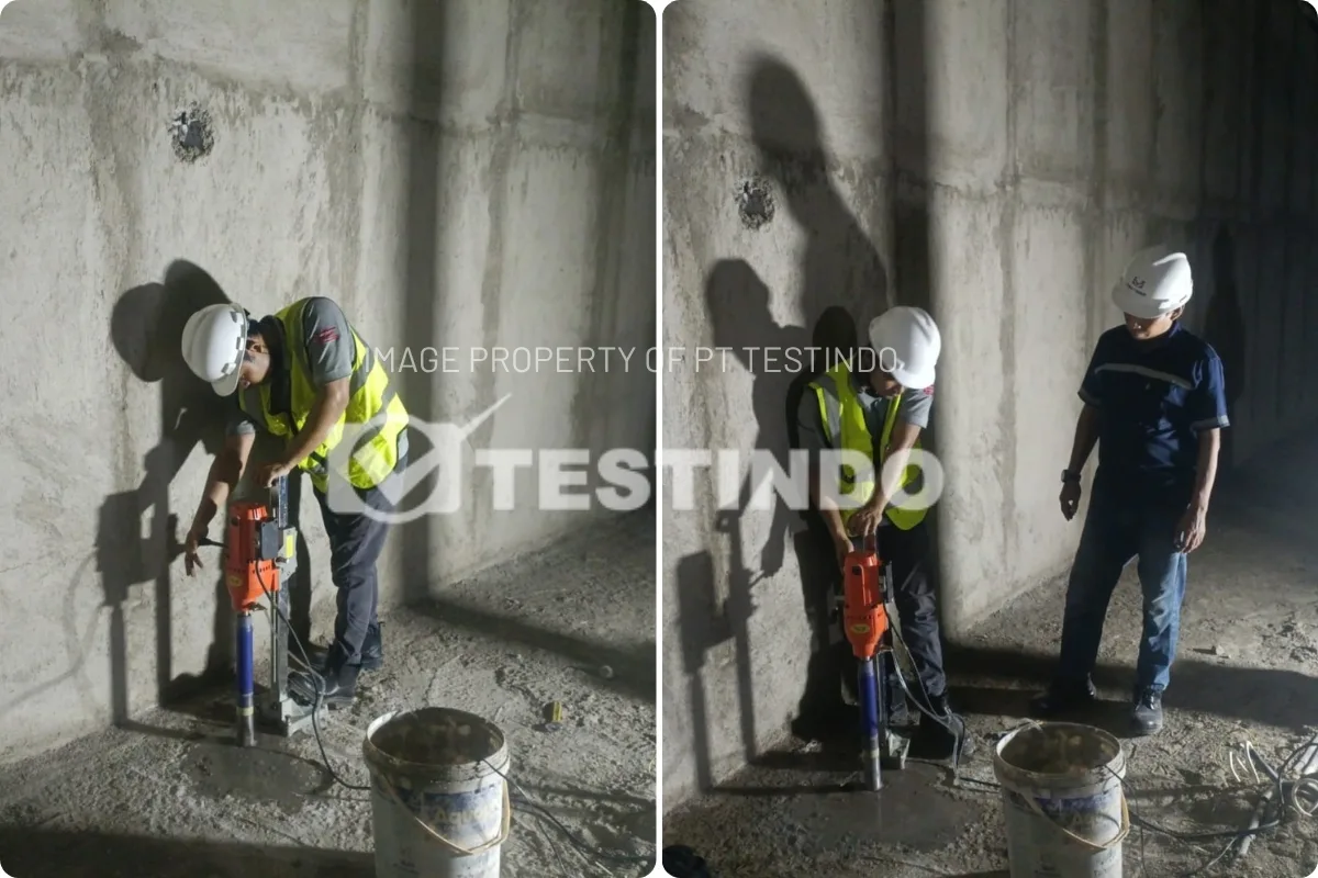 Core Drill dilakukan pada lokasi terpilih untuk memperoleh sampel beton bagi pengujian laboratorium.