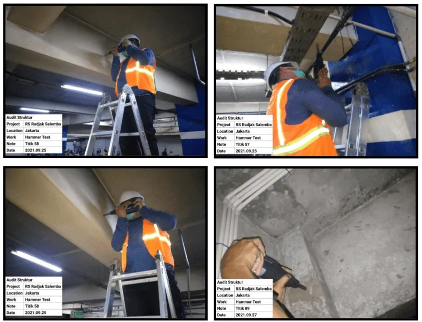 Hammer Test pada titik terpilih untuk merekam respons rebound permukaan beton.