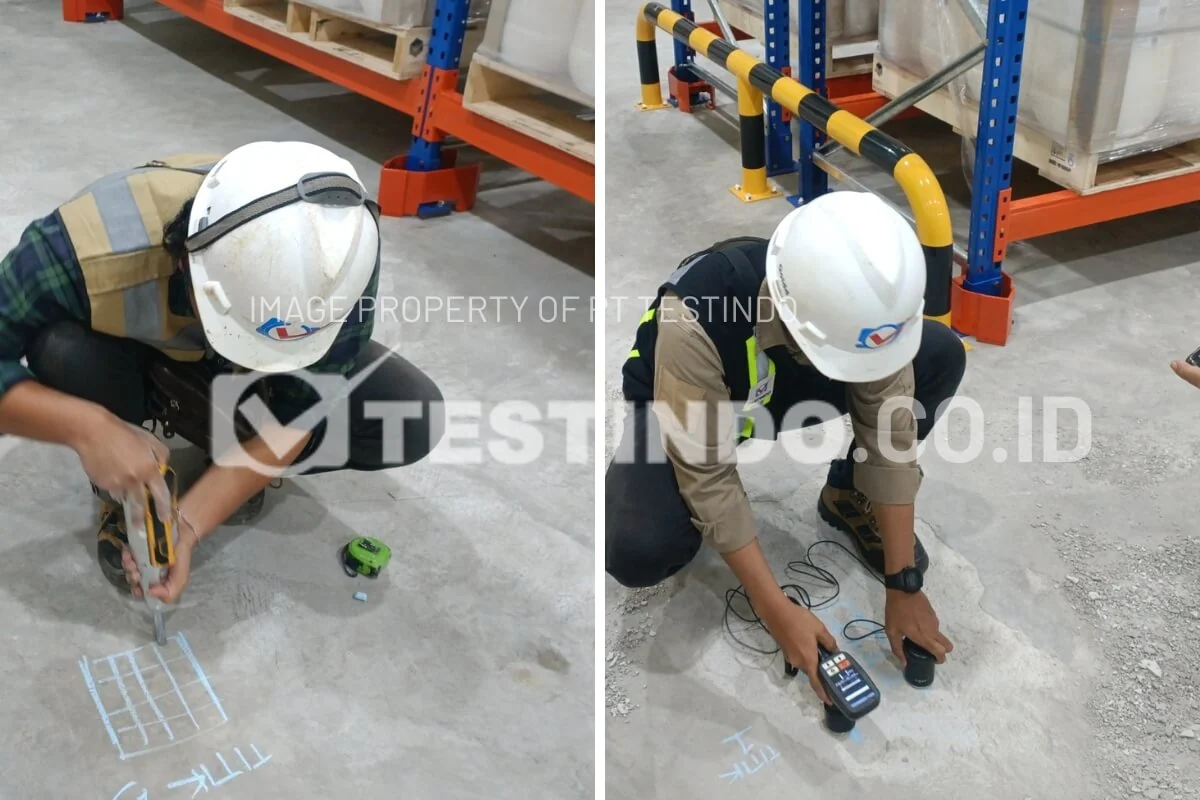 Kolase Hammer Test dan UPV pada titik pengujian pelat lantai coldroom PT Tegar Inti Sentosa.