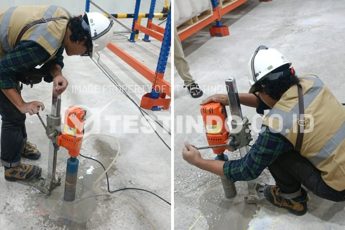 Kolase pelaksanaan Core Drill untuk mengambil sampel beton pelat lantai coldroom PT Tegar Inti Sentosa.