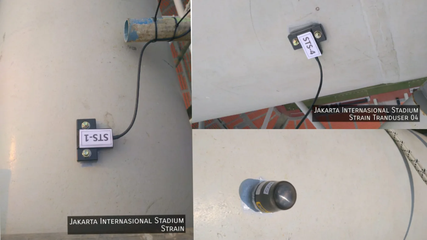 Sensor terpasang pada elemen struktur untuk merekam respons selama roof bergerak.