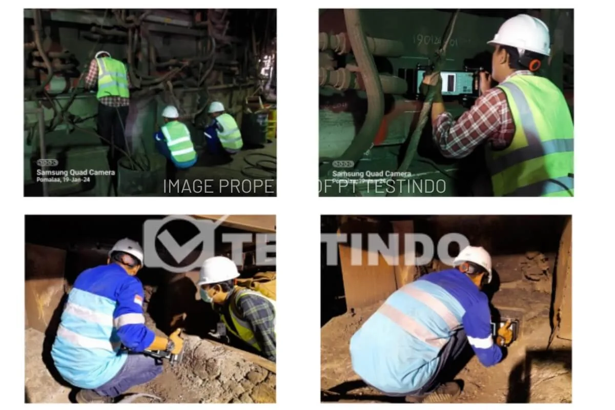 Persiapan permukaan dan area scan pada struktur furnace di pabrik feronikel.