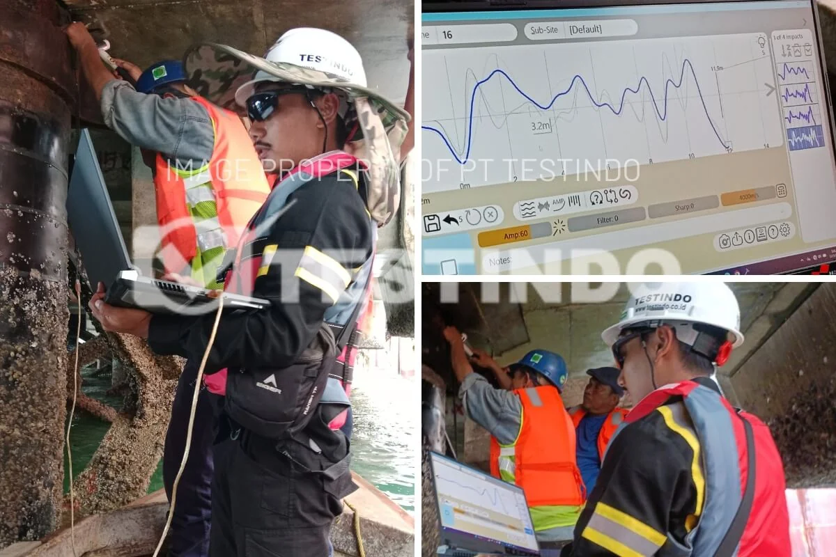 Kolase pelaksanaan PIT pada tiang pipa baja Pelabuhan Batu Ampar dan tampilan waveform pada komputer.