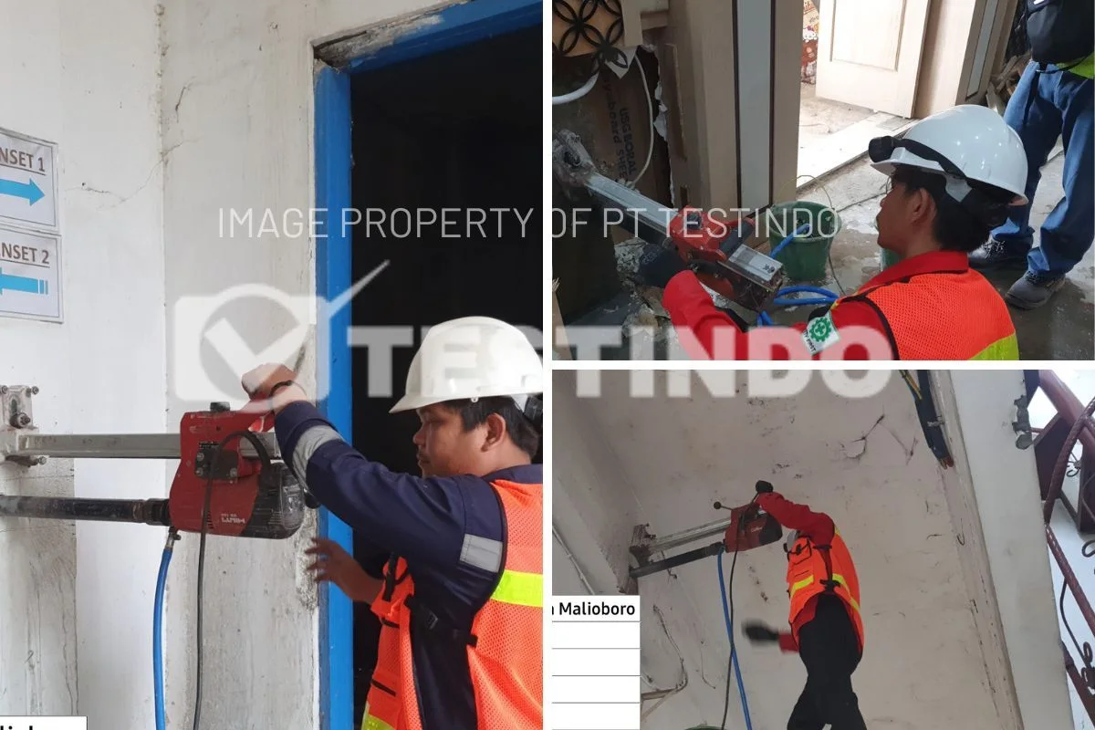 Tim Testindo menggunakan rig Core Drill pada elemen dinding Hotel Grand Inna Malioboro.