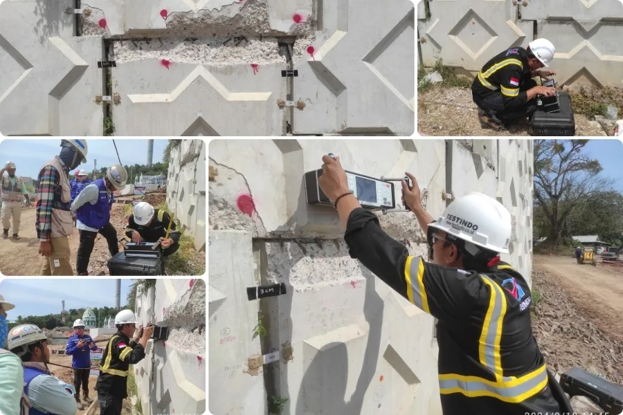 Pelaksanaan Ultrasonic Concrete Tomography pada area Bund Wall PLTU Suralaya yang menjadi perhatian.