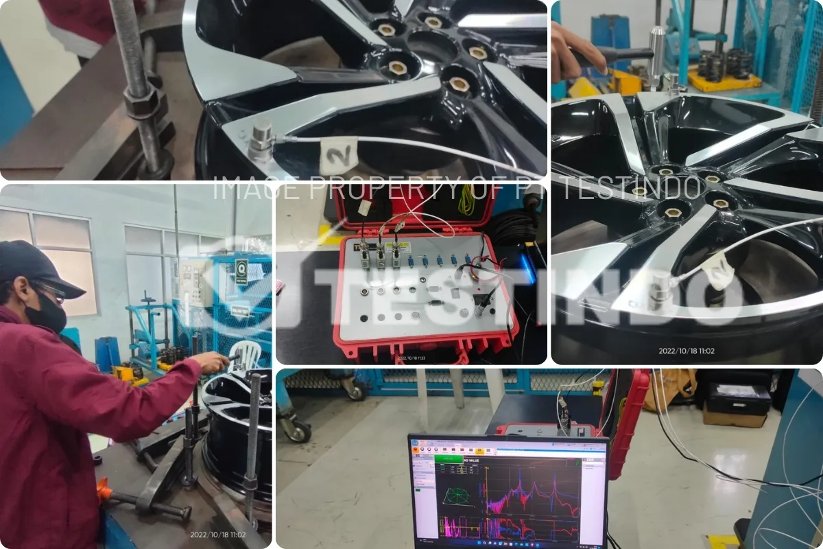 Setup impact hammer, accelerometer, dan acquisition system untuk pengujian resonansi velg.