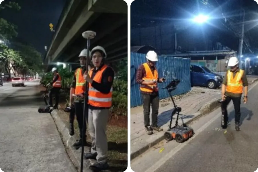 Persiapan posisi dan lintasan survei Georadar pada area jalan.