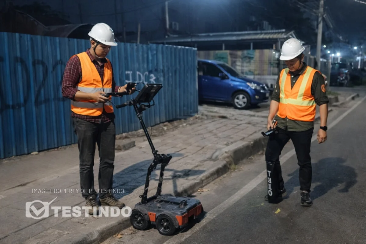 Tim Testindo melaksanakan survei Georadar utilitas bawah tanah di area PT Indokon Multi Sarana.