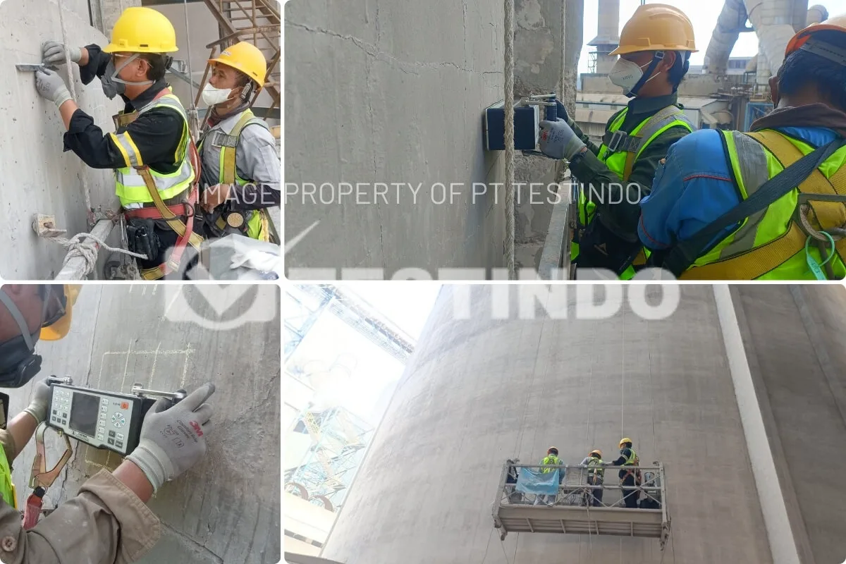 Ultrasonic Pulse-Echo pada dinding silo yang menjadi prioritas pemeriksaan.