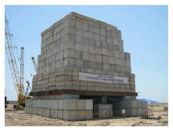 Susunan kentledge sebagai sistem reaksi pada Static Axial Load Test pondasi tiang.
