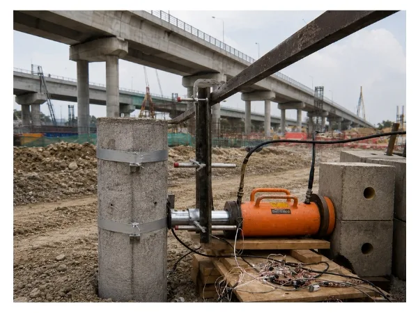 Peralatan pembebanan dan pengukuran pada Static Lateral Load Test pondasi tiang.
