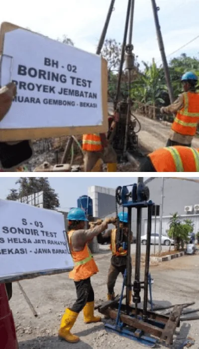 Dokumentasi Boring Test dan Sondir Test, dengan pelaksanaan sondir menggunakan perangkat penetrasi statis pada bagian bawah gambar.