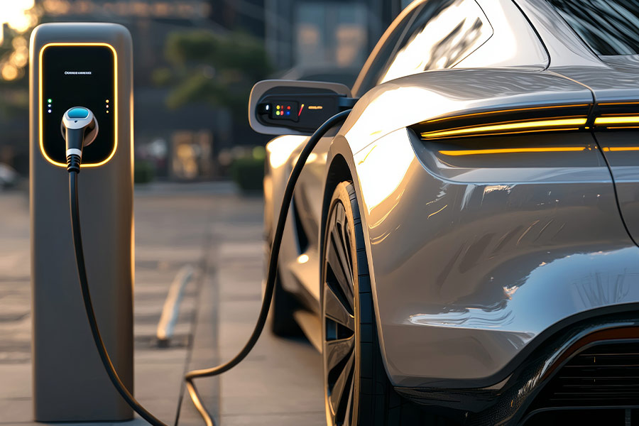 Kendaraan listrik terhubung ke charging station.
