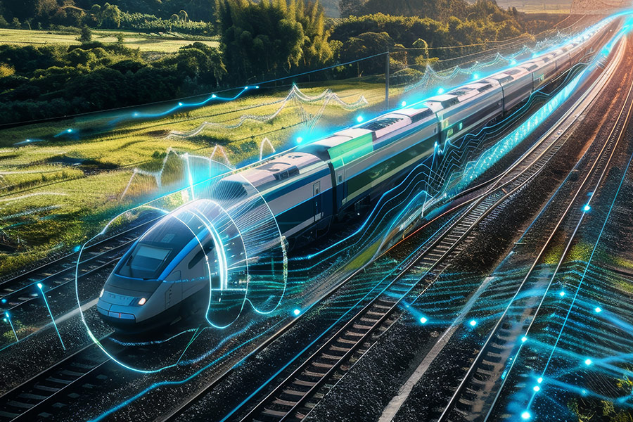 Ilustrasi kereta dengan visualisasi sinyal pengukuran.