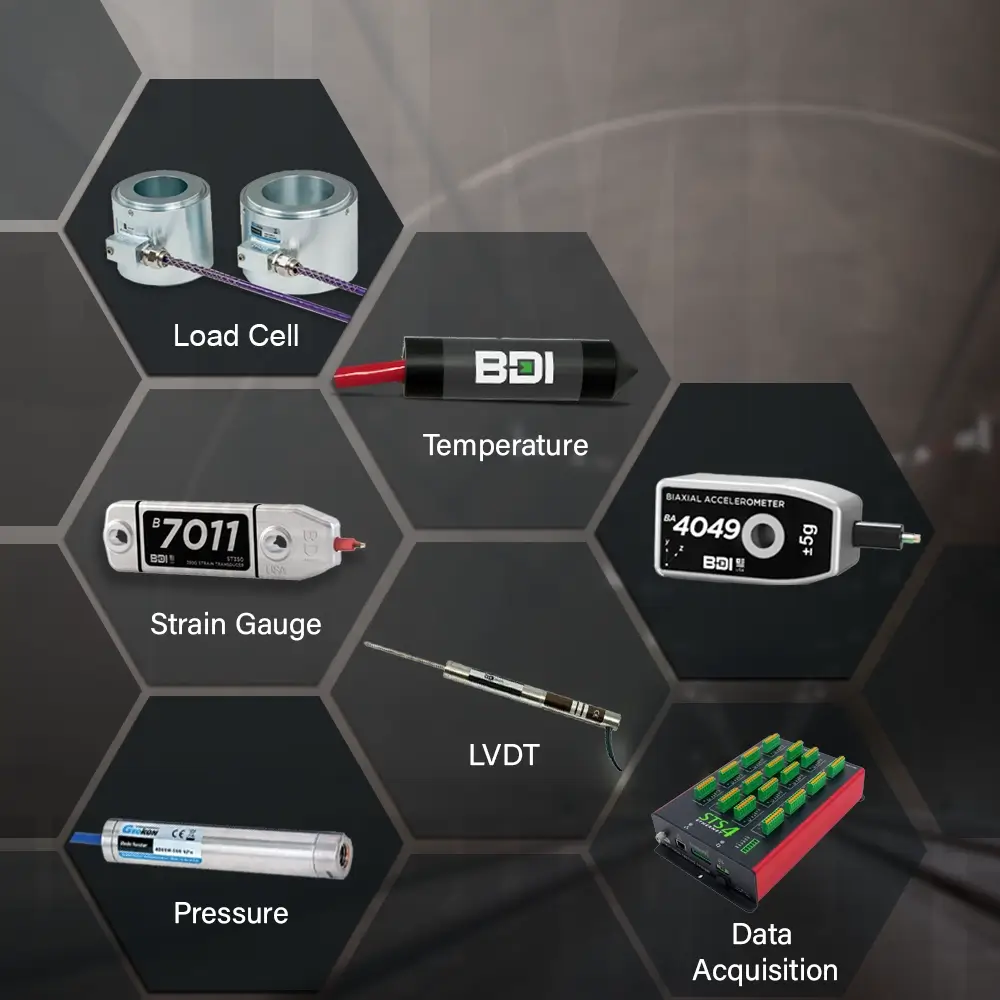 Contoh load cell, temperature sensor, strain gauge, LVDT, pressure sensor, dan data acquisition untuk SHMS